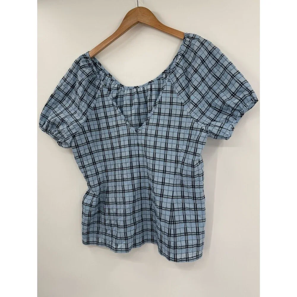 J.Crew V-Back Puff Sleeve Textured Plaid Top  | Light Blue / Navy | Size 6